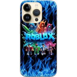 Kompatibelt Mobildeksel til Apple iPhone 15 Pro Illustrert spillmotiv med blokkfigurer og blå ild mot svart bakgrunn