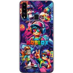 Kompatibel Mobilcover til Samsung Galaxy A20s Farverig Roblox gaming gruppe med hovedtelefoner og neonfarver til børn og spilinteresserede