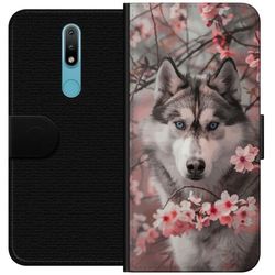 Kompatibelt Lommeboketui til Nokia 2.4 Sibirsk Husky plakat hund blå øyne kirsebærblomster ulv natur dyr blomster søt retro design