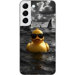 Kompatibel Mobilcover til Samsung Galaxy S22 5G Guland med solbriller flyder i havet mens hajer cirkler rundt i dramatisk vand og mørke skyer samles