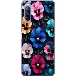Kompatibel Mobilcover til Sony Xperia 10 III Lite Detaljeret blomstermotiv med stedmoderblomster i flere farver mod mørk baggrund
