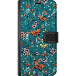 Kompatibel Tegnebogsetui til Google Pixel 8 Farverigt mønster med orange sommerfugle, lyserøde blomster og grønne planter på turkis baggrund