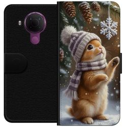 Kompatibelt Lommeboketui til Nokia 5.4 Vinterkanin med lue og skjerf beundrer sjarmerende snøfnugg vinterscene fylt med julestemning