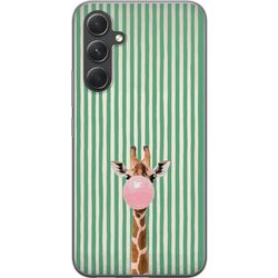 Kompatibelt Mobildeksel til Samsung Galaxy S24 Sjiraff med rosa tyggegummiboble foran vertikale grønne og beige striper