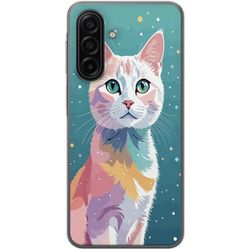 Kompatibelt Mobildeksel til Samsung Galaxy A18 Fargerik katt med grønne øyne i rosa, lilla, blå og gule nyanser på turkis bakgrunn
