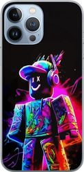 Kompatibelt Mobildeksel til Apple iPhone 13 Pro Max Roblox Neon Player Fargerik Roblox-figur i neonfarger mot svart bakgrunn i moderne gamingstil