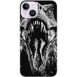 Kompatibelt Mobildeksel til Apple iPhone 15 T-Rex brølende dinosaur episk svart-hvit urtidsdyr intenst brøl monster kunst illustrasjon plakat