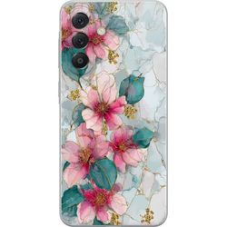 Kompatibelt Mobildeksel til Samsung Galaxy A57 Blomstermotiv med rosa blomster, grønne blader og elegante gullfargede linjer