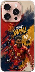 Kompatibelt Mobildeksel til Apple iPhone 16 Pro Lamine Yamal i et dramatisk Spania-motiv med flere fotballscener, nummer 19 og grafiske penselstrøk