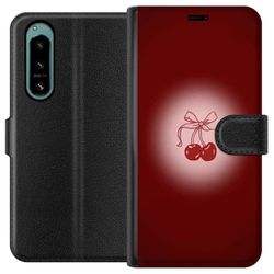 Kompatibel Tegnebogsetui til Sony Xperia 5 IV Cherry Bow kirsebær design med bånd i romantisk retro-stil rød farve og vintage følelse