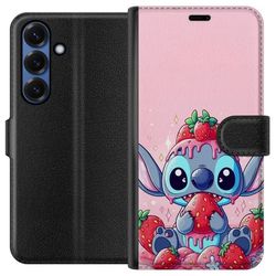 Kompatibelt Lommeboketui til Samsung Galaxy S25+ Stitch Jordbær Kjærlighet søtt motiv med blå figur og jordbær i rosa pastelltema