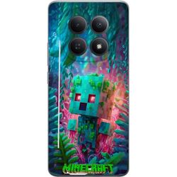 Kompatibelt Mobildeksel til Xiaomi Redmi Note 15 5G Kubformet turkis figur med grønne detaljer omgitt av rosa organiske former, planter og svevende b