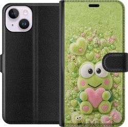 Kompatibel Tegnebogsetui til Apple iPhone 14 Sød fluffy grøn frø med lyserødt hjerte og dekorative rosetter