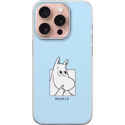 Kompatibelt Mobildeksel til Apple iPhone 16 Pro Mummitrollet i klassisk svart-hvitt-illustrasjon på lyseblå bakgrunn