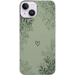 Kompatibelt Mobildeksel til Apple iPhone 15 Plus Grønn minimalistisk bakgrunn med et enkelt hjerte, botaniske blader og myke naturlige skygger