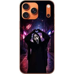 Kompatibelt Mobildeksel til Apple iPhone 18 Pro Max Skrekkmotiv med maskert figur som former et hjerte med hendene i en mørk neonby