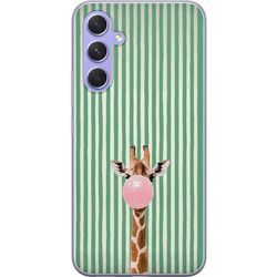 Kompatibelt Mobildeksel til Samsung Galaxy A54 Sjiraff med rosa tyggegummiboble foran vertikale grønne og beige striper