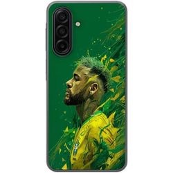 Kompatibel Mobilcover til Samsung Galaxy A17 5G Illustration af Neymar i gul landsholdstrøje mod grøn kunstnerisk baggrund