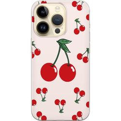 Kompatibelt Mobildeksel til Apple iPhone 15 Pro Illustrert kirsebærmønster med røde detaljer og myk beige tone