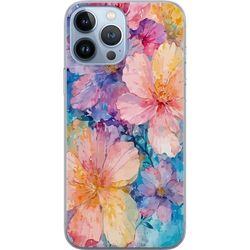 Kompatibelt Mobildeksel til Apple iPhone 13 Pro Max Vannfarge maleri med store blomster i rosa, blå og gul farger i en myk kunstnerisk stil