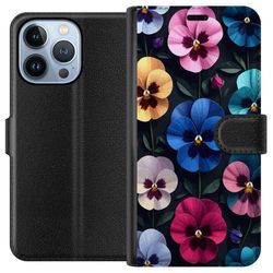 Kompatibelt Lommeboketui til Apple iPhone 13 Pro Detaljert blomstermotiv med stemorsblomster i flere farger mot mørk bakgrunn