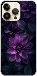 Kompatibelt Mobildeksel til Apple iPhone 15 Pro Max Dramatisk botanisk motiv med fyldig lilla blomst og mørkt bladverk i dype fiolette toner