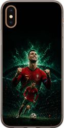 Kompatibel Mobilcover til Apple iPhone XS Cristiano Ronaldo i portugisisk fodboldmotiv med rød spilledragt, fodbold og dramatisk grøn baggrund