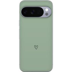 Kompatibelt Mobildeksel til Google Pixel 11 Pro XL Enkelt, svart, linjetegnet hjerte på ensfarget, myk grønn bakgrunn med minimalistisk uttrykk