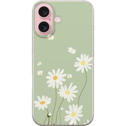 Kompatibelt Mobildeksel til Apple iPhone 16 Enkelt blomstermotiv med hvite tusenfryd og harmonisk grønn tone i minimalistisk stil.