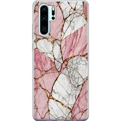 Kompatibelt Mobildeksel til Huawei P30 Pro Rosa og hvit marmortekstur med sprekker og gullåre som gir et elegant og luksuriøst steinutseende