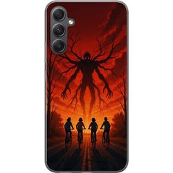 Kompatibelt Mobildeksel til Samsung Galaxy A16 5G Mørk Stranger Things-inspirert skrekkillustrasjon med rød himmel, truende monster og syklende barn