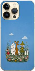 Kompatibelt Mobildeksel til Apple iPhone 14 Pro Max Tegnede figurer blant fargerike blomster og sommerfugler i et lekent motiv mot blå bakgrunn