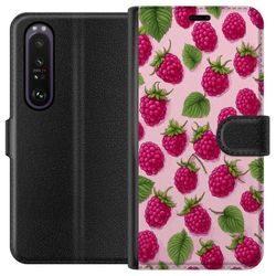 Kompatibel Tegnebogsetui til Sony Xperia 1 III Dekorativt mønster af hindbær med blade i bløde farver, passer til naturen og frugtinspirerede temaer