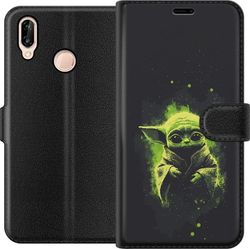 Kompatibelt Lommeboketui til Huawei P20 lite Mørkt fantasymotiv med et lite grønt romvesen, store øyne og lysende grønne detaljer mot svart bakgrunn