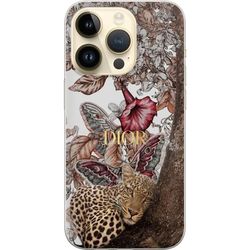 Kompatibelt Mobildeksel til Apple iPhone 14 Pro Leopard med markert pelsmønster sammen med blomster og illustrerte sommerfugler i brunt og vinrøde to