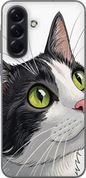 Kompatibelt Mobildeksel til Samsung Galaxy A56 Nærbilde av svart-hvit katt med intenst grønne øyne mot hvit bakgrunn