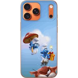 Kompatibelt Mobildeksel til Apple iPhone 17 Pro Max Tegnet motiv med Smurfene og gave på lysblå bakgrunn