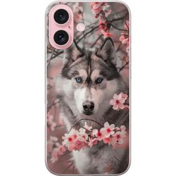 Kompatibelt Mobildeksel til Apple iPhone 16 Sibirsk Husky plakat hund blå øyne kirsebærblomster ulv natur dyr blomster søt retro design