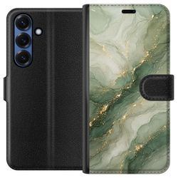 Kompatibelt Lommeboketui til Samsung Galaxy S25+ Grønn marmorinspirert design med flytende steinstruktur, lyse partier og elegante gullfargede årer