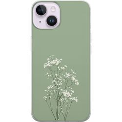 Kompatibelt Mobildeksel til Apple iPhone 14 Botanisk motiv med små hvite blomster og tynne stilker på grønn bakgrunn