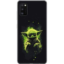 Kompatibelt Mobildeksel til Samsung Galaxy A41 Mørkt fantasimotiv med et lite grønt romvesen, store øyne og lysende grønne detaljer mot svart bakgrun
