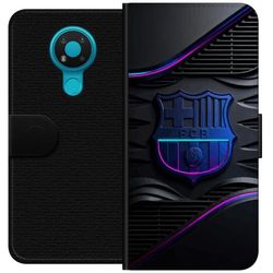 Kompatibelt Lommeboketui til Nokia 3.4 FC Barcelonas emblem i neonblått og rosa med futuristisk metallfølelse
