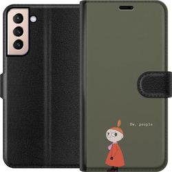 Kompatibel Tegnebogsetui til Samsung Galaxy S21 Illustreret motiv med Lille My i orange kjole, humoristisk citat og dæmpet grøn baggrund