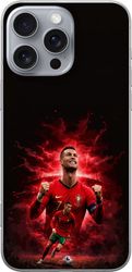 Kompatibelt Mobildeksel til Apple iPhone 16 Pro Max Cristiano Ronaldo i et rødt portugisisk fotballmiljø med nummer 7, kampscene og en kraftfull dram