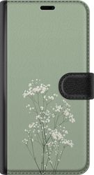 Kompatibelt Lommeboketui til Samsung Galaxy A56 Botanisk motiv med små hvite blomster og tynne stilker på grønn bakgrunn