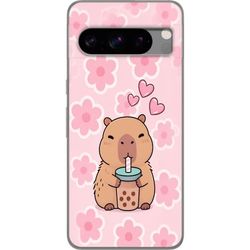 Kompatibelt Mobildeksel til Google Pixel 8 Pro Leken kapybara med bubble tea, rosa hjerter og store blomster i et mykt tegnet motiv