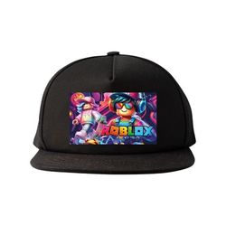 Snapback-cap Energi-fyldt Roblox-gruppe med hovedtelefoner, controllere og neon-miljø Sort Voksen