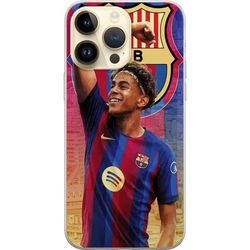 Kompatibelt Mobildeksel til Apple iPhone 15 Pro Max Lamine Yamal fotballmotiv med blå og røde striper, emblem og bymiljø