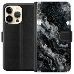 Kompatibelt Lommeboketui til Apple iPhone 15 Pro Elegant marmormønster i svart, grått og hvitt med skimrende detaljer