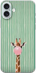 Kompatibel Mobilcover til Apple iPhone 16 Plus Giraf med lyserød tyggegummiboble foran lodrette grønne og beige striber